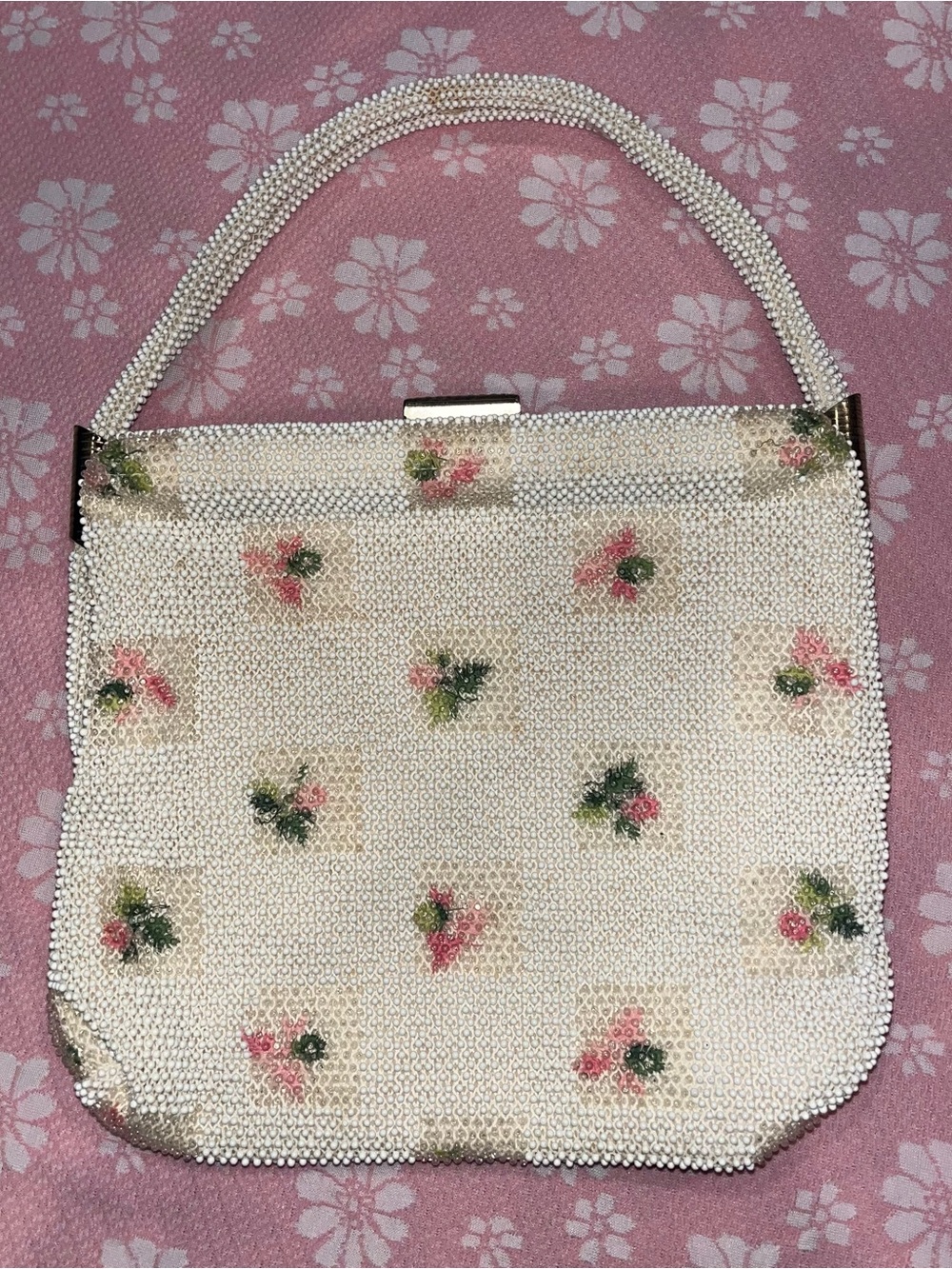 Vintage Lumured Beaded Purse Floral Pattern 1950s Handbag
